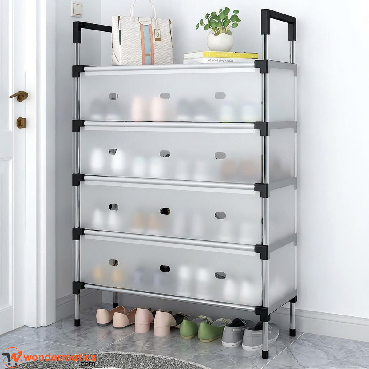 A 5-tier plastic shoe storage rack with a silver metal frame and black corner brackets, shown in a home entryway setting with shoes on the bottom shelf and decorative items on top.
