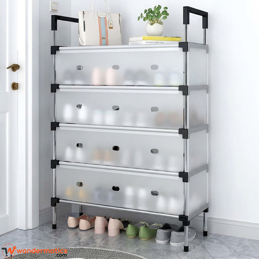 A 5-tier plastic shoe storage rack with a silver metal frame and black corner brackets, shown in a home entryway setting with shoes on the bottom shelf and decorative items on top.