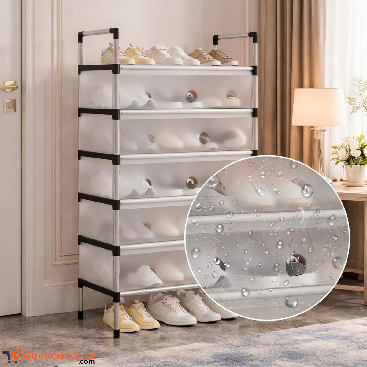 A 6-tier plastic shoe rack with a silver metal frame and black corner brackets, shown in a home entryway setting. The translucent white plastic drawers are shown filled with shoes, and a circular inset detail highlights the water-resistant droplets on the front of the plastic shelves.