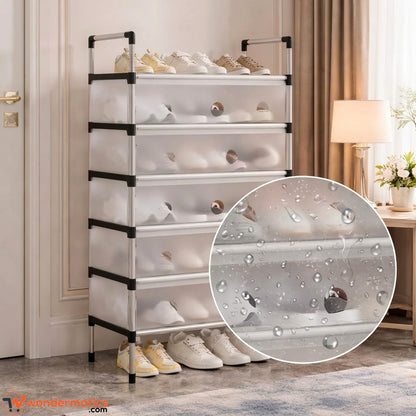 A 6-tier plastic shoe rack with a silver metal frame and black corner brackets, shown in a home entryway setting. The translucent white plastic drawers are shown filled with shoes, and a circular inset detail highlights the water-resistant droplets on the front of the plastic shelves.