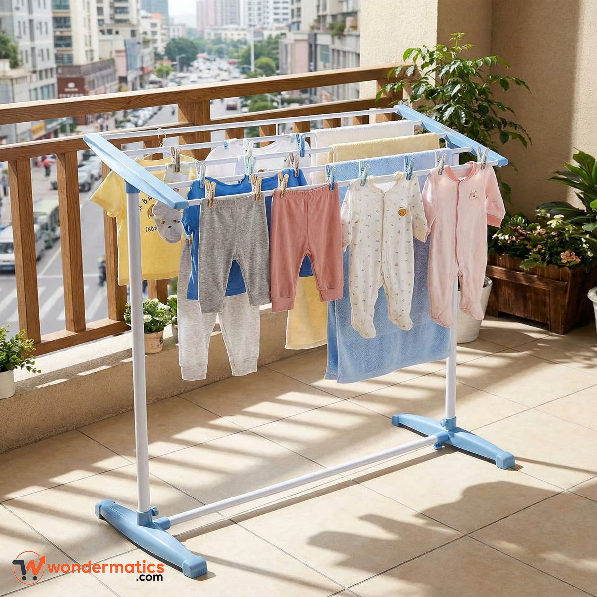Durable metal clothes, towel drying rack for balcony laundry – compact and stylish design