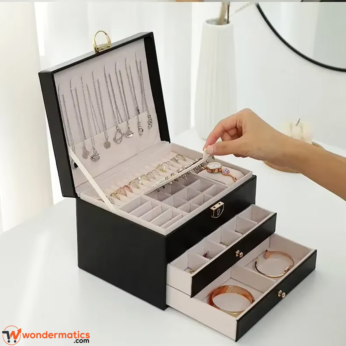 Multi compartment jewelry box organizer with lock and key made from premium PU leather
