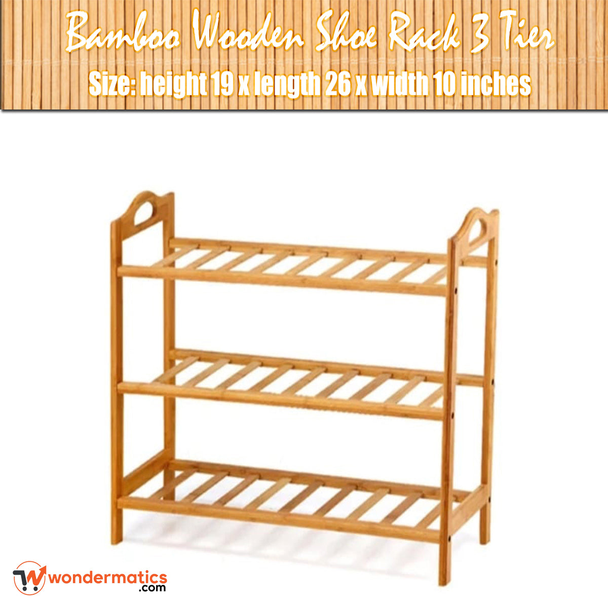 Three-tier bamboo wooden shoe rack with dimensions on a white background