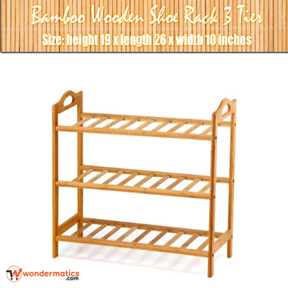 Three-tier bamboo wooden shoe rack with dimensions on a white background