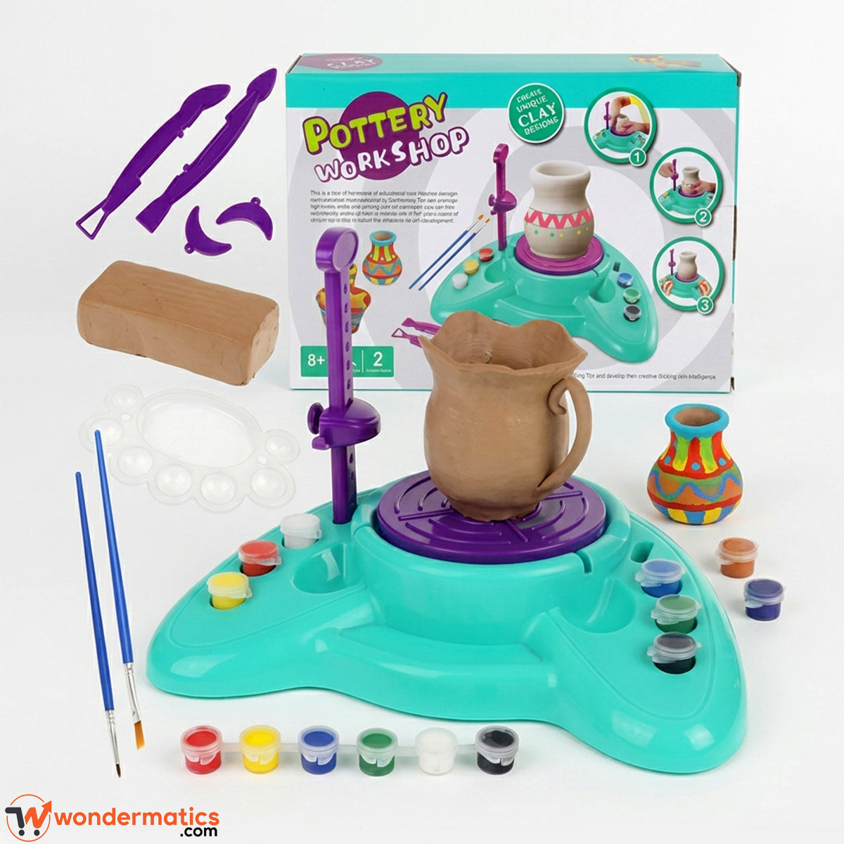 Pottery Workshop kids clay wheel set with tools, clay, paints and packaging box