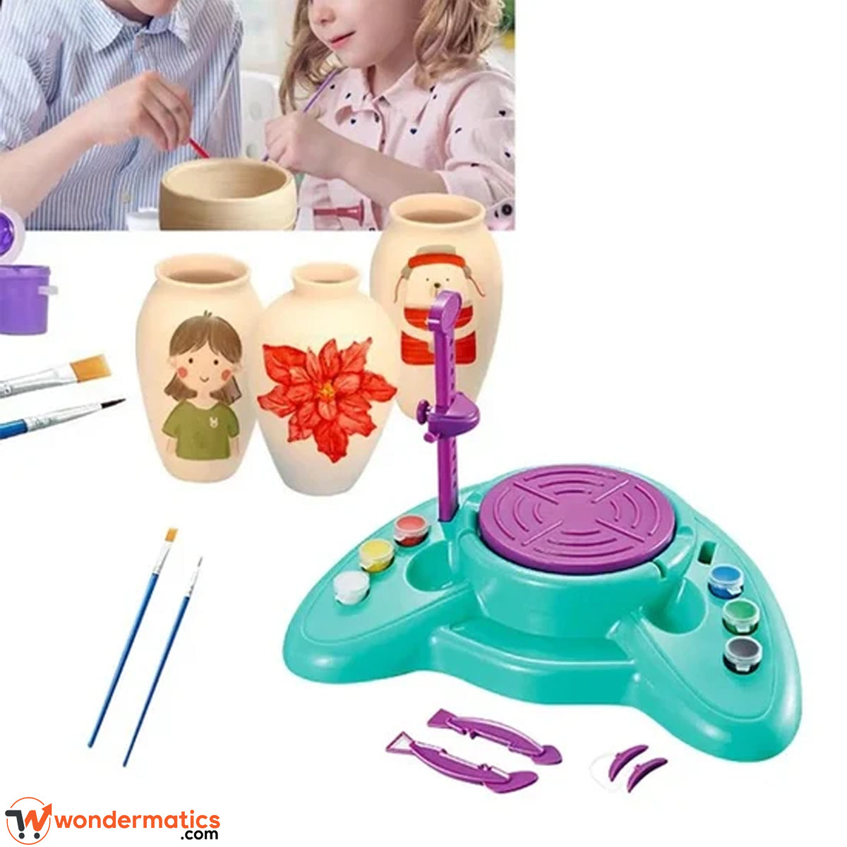 Hand-painted colorful clay vase made using the kids pottery workshop kit