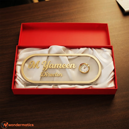Acrylic table clock presented in its gift box packaging