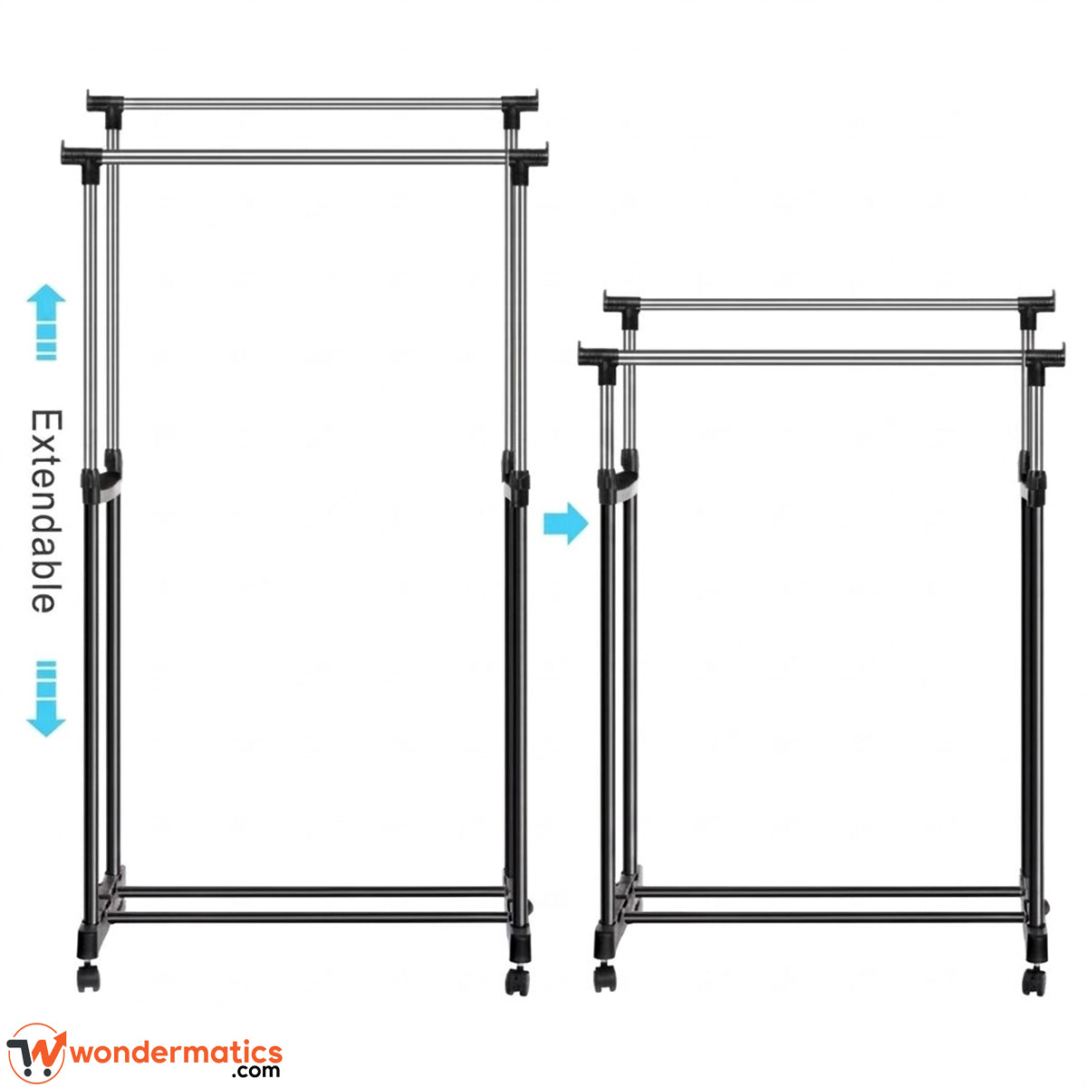 Two black and silver metal rolling garment racks shown on a white background, with one rack labeled as extendable and blue arrows indicating height adjustment. Wondermatics logo is visible at the bottom.