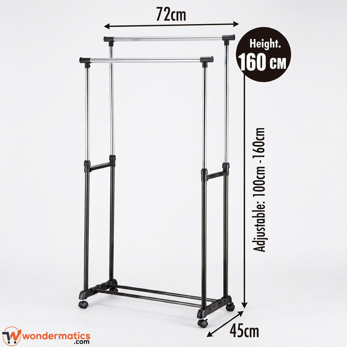 Adjustable metal clothing rack with dimension callouts showing 72 cm width, 160 cm height, and 45 cm base width on a light gray background.