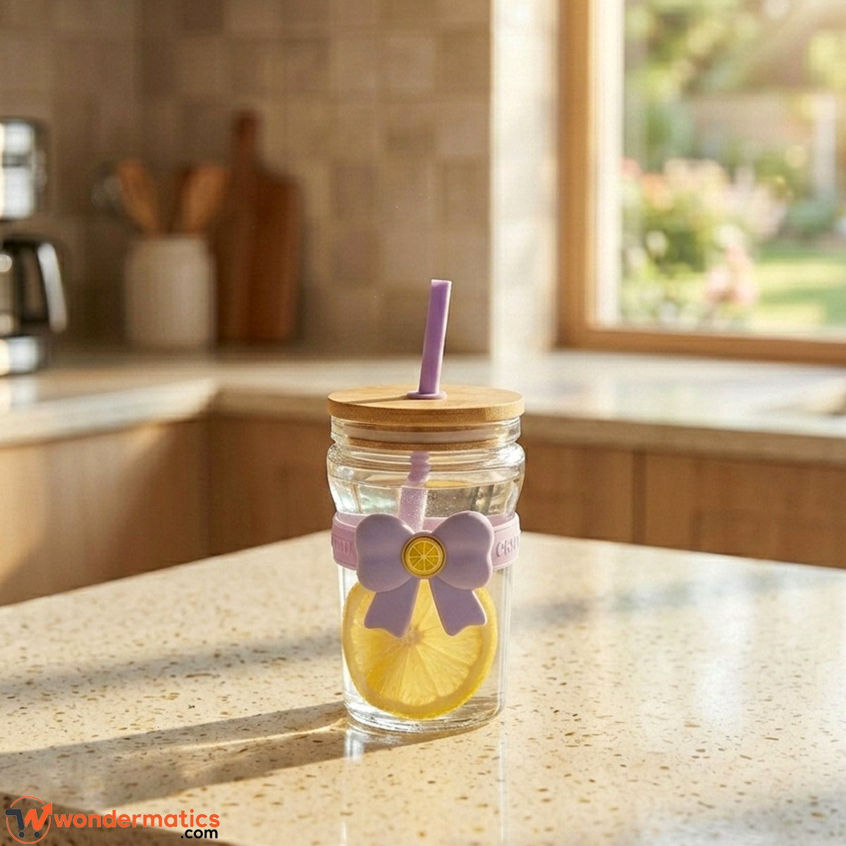 Aesthetic bow-knot glass cup 400ml with pastel lid and silicone sleeve on white background — Wondermatics