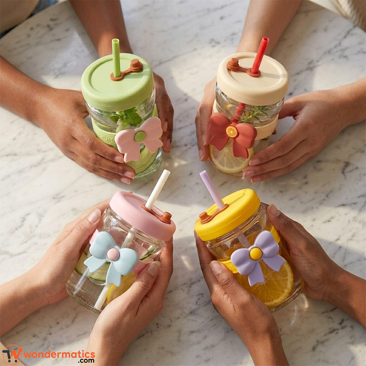 Aesthetic bow-knot glass cup available in 4 pastel colors — green, beige, pink, and yellow variants