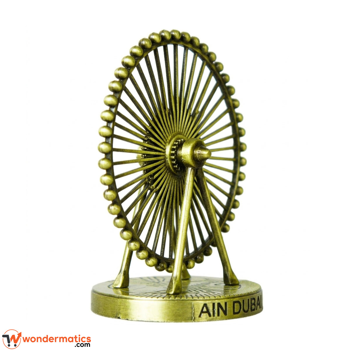 Side angle view of the Ain Dubai souvenir model highlighting the metallic antique finish