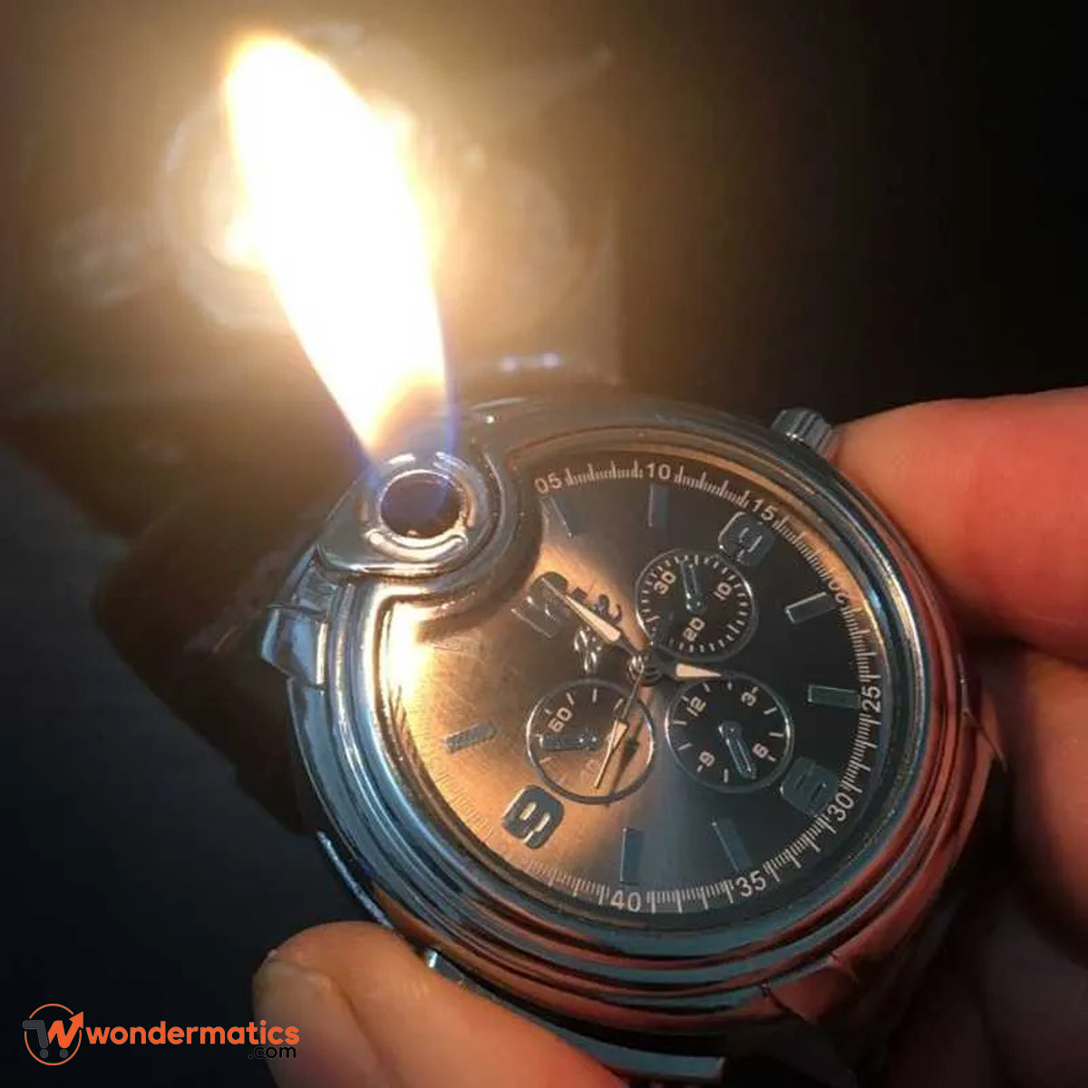 Analog watch with integrated flame lighter