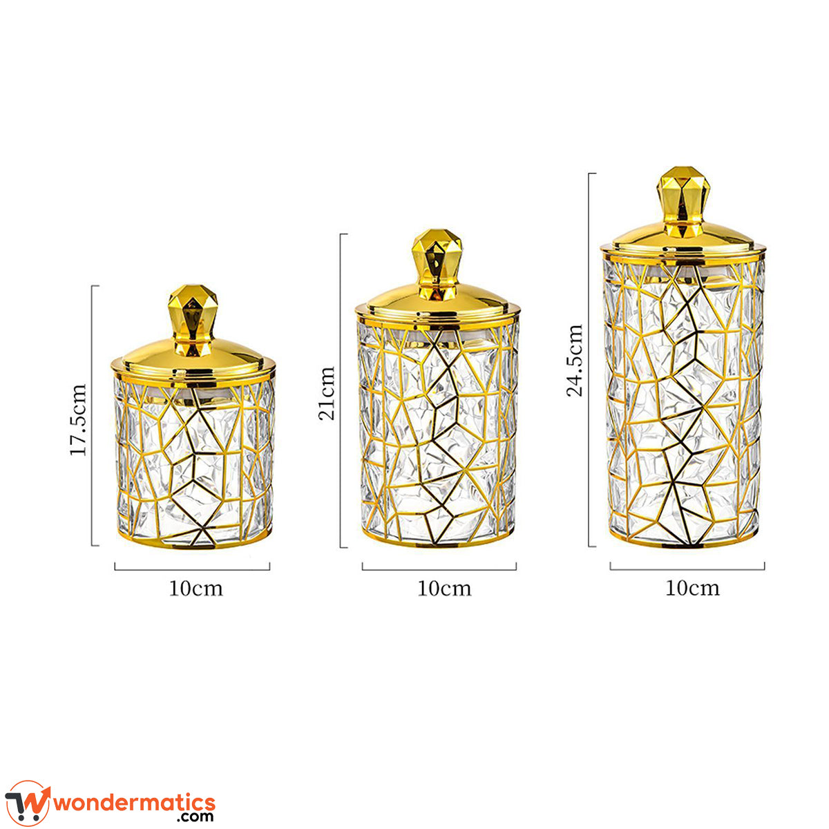 Side-by-side size comparison of three Arabian acrylic jars at 17.5 cm, 21 cm, and 24.5 cm heights