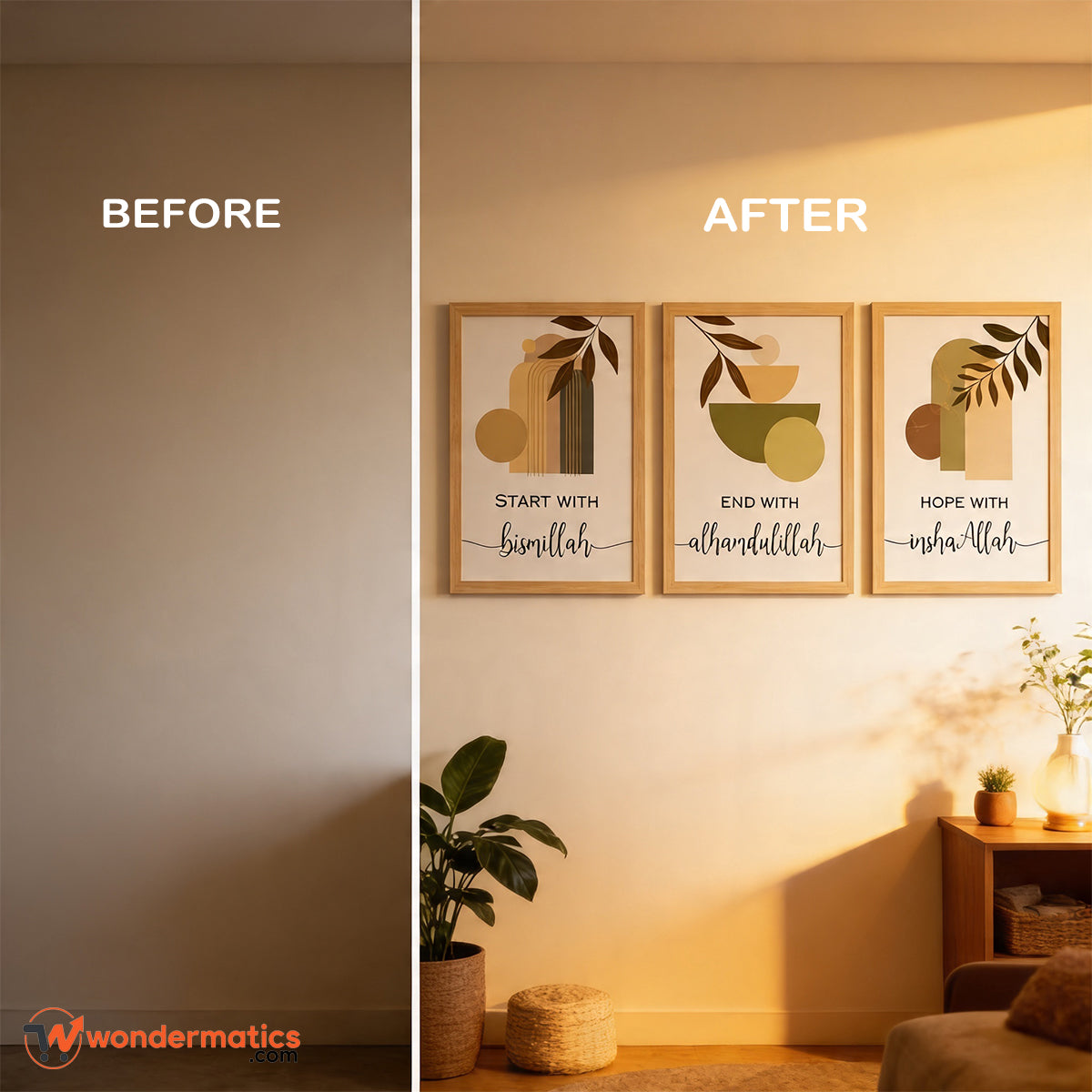 Before and After Room Wall Transformation with Islamic Frame Set Bismillah Alhamdulillah InshaAllah
