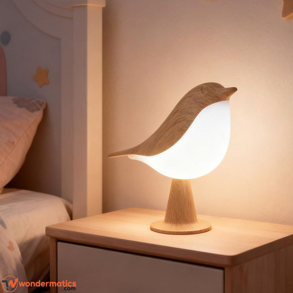Bird shaped LED night light glowing on a bedside table at night