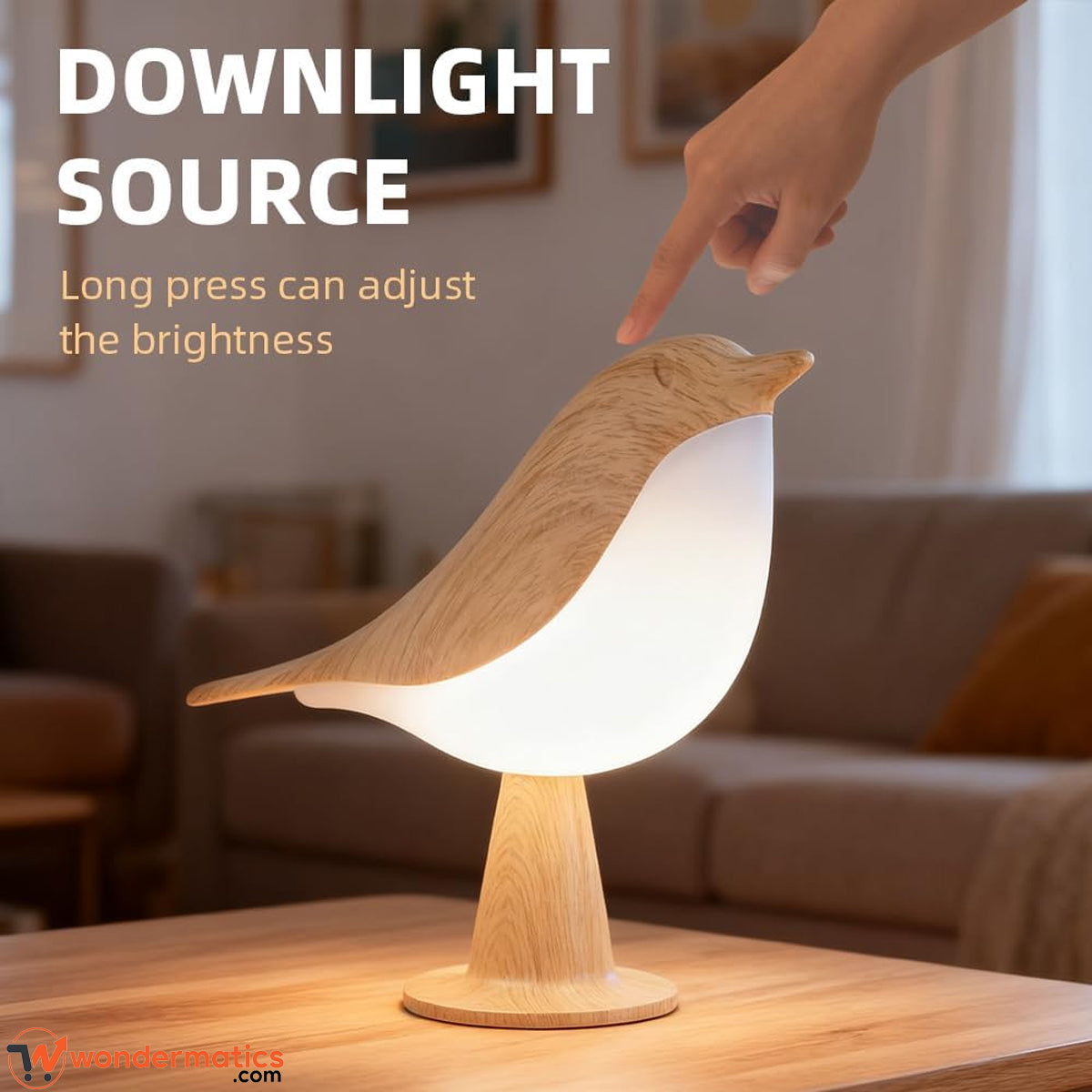 Side angle view of wood grain bird shaped LED lamp touch sensor