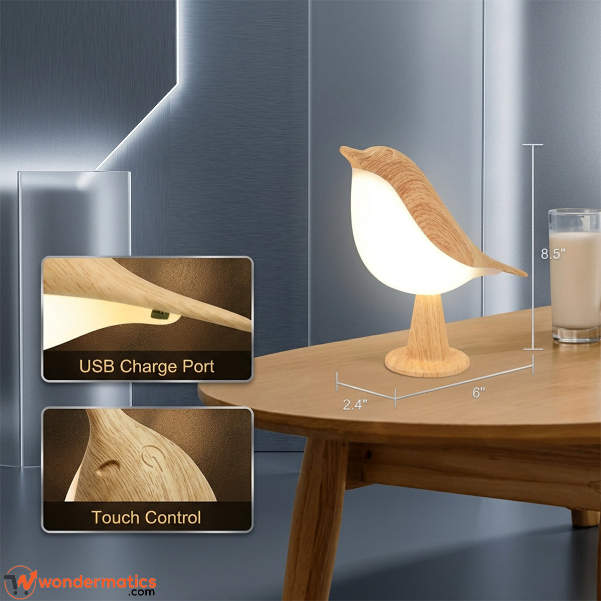 Bird shaped LED night light shown next to a common object for scale