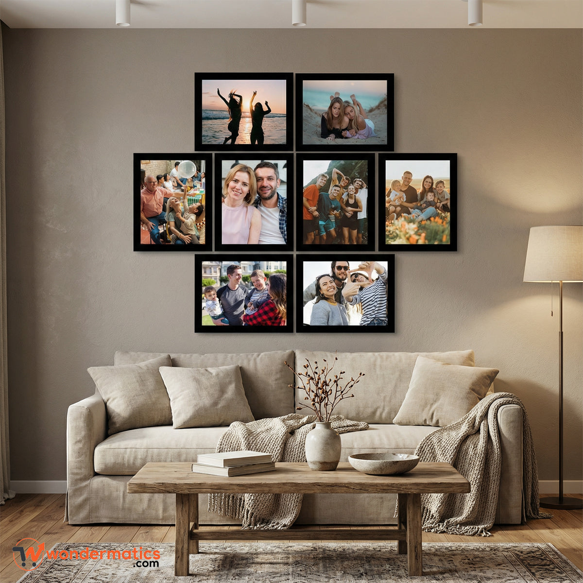 Modern black 8x10 frames displaying family photos in a gallery wall layout