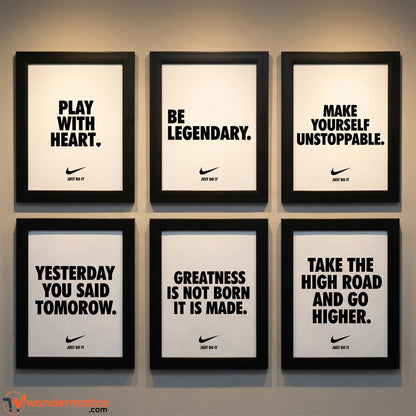 Six framed motivational Nike quotes arranged in a 2x3 grid on a beige wall. The black frames surround white posters with bold black text including 'PLAY WITH HEART.