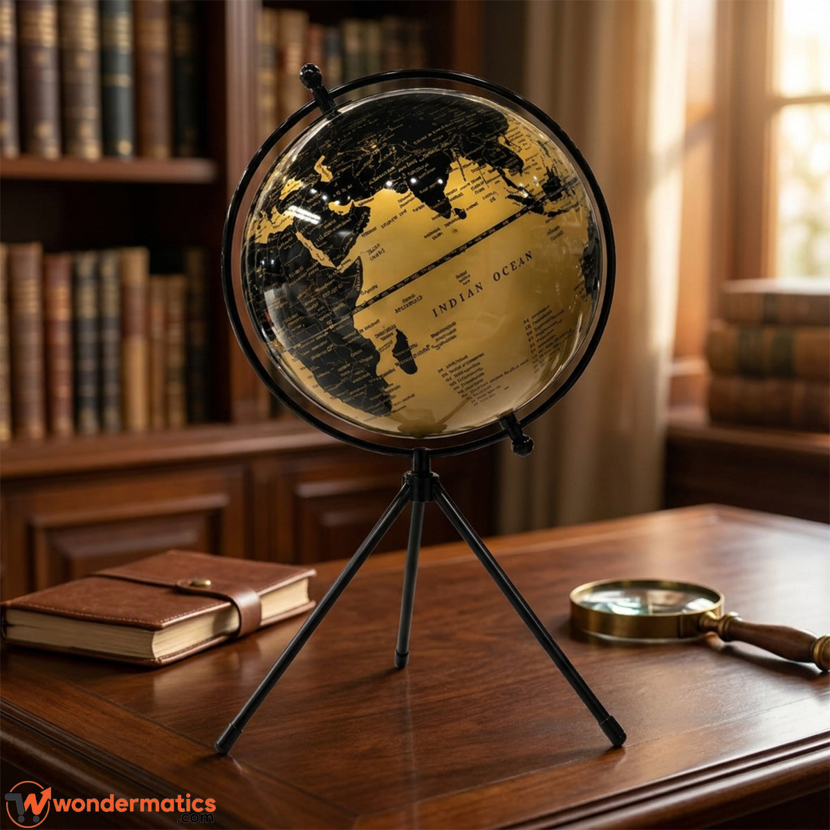Black and gold world globe styled as office desk decor