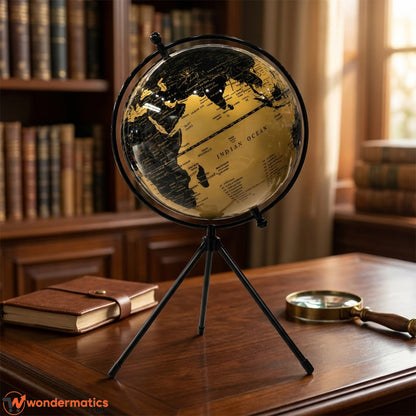 Black and gold world globe styled as office desk decor