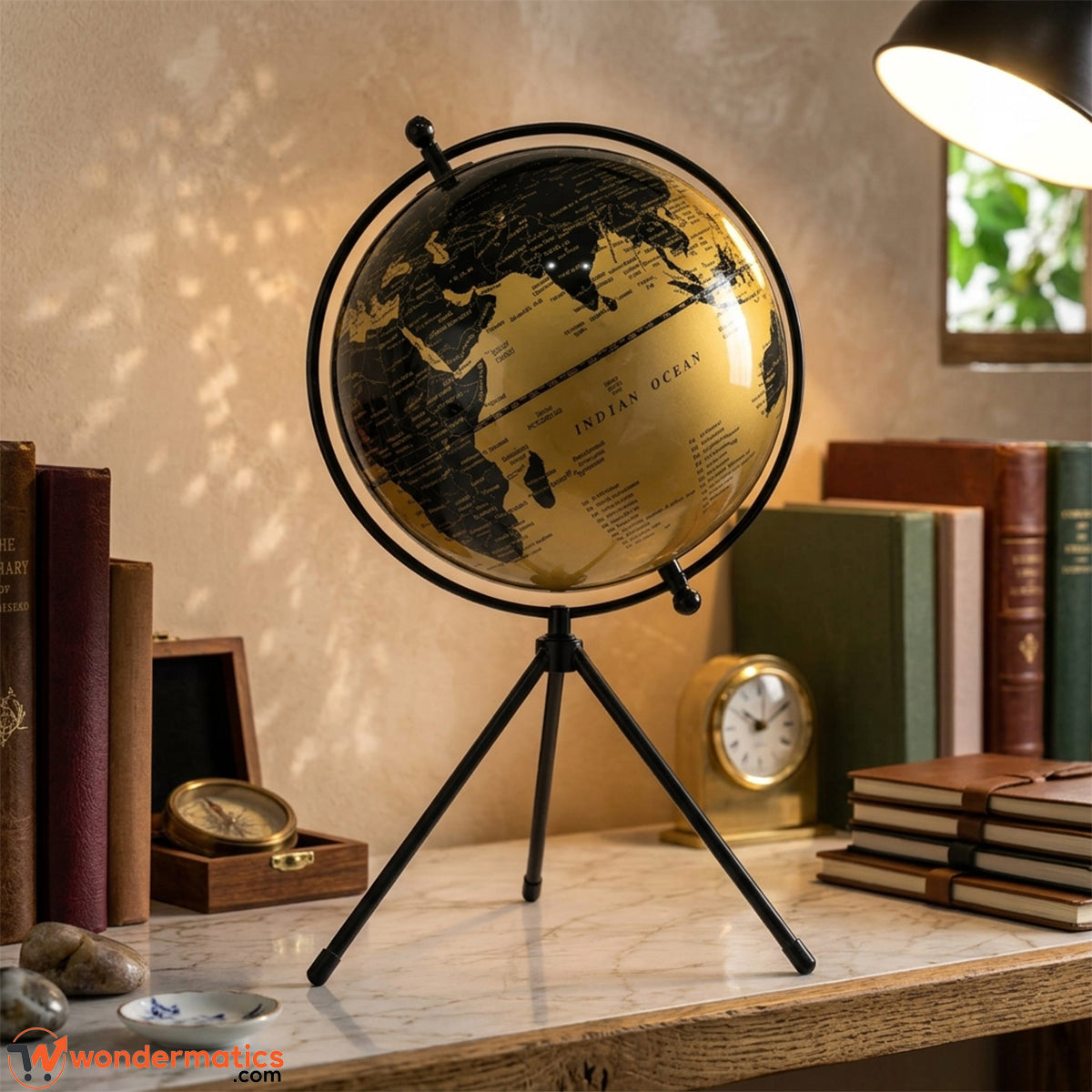 Decorative world globe displayed on home living room shelf