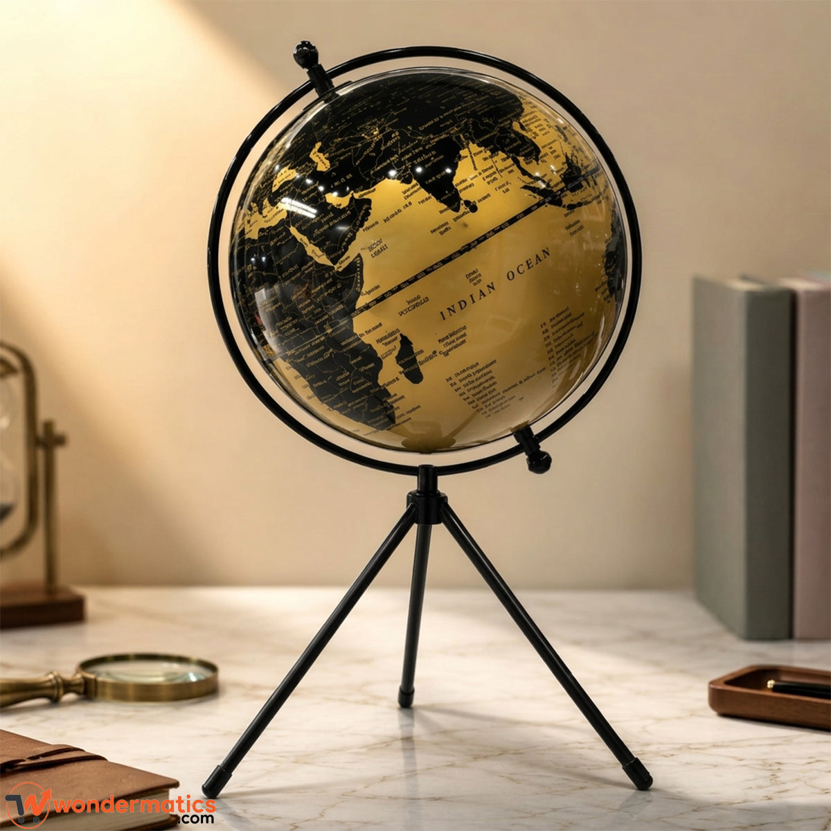 A vintage-style world globe on a black tripod stand, displayed on a marble tabletop with warm ambient lighting and decorative objects in the background.