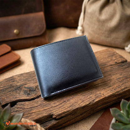 Men’s black leather wallet with multiple card slots and 2 cash compartments