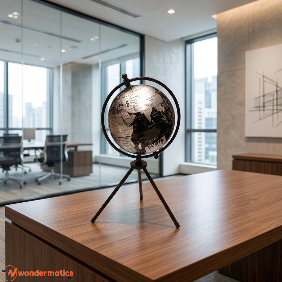 Rotating world globe styled as desk decor in a modern office