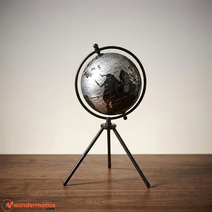 Modern black and silver rotating world globe with tripod stand