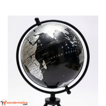 Close-up of black and silver map detailing on rotating globe
