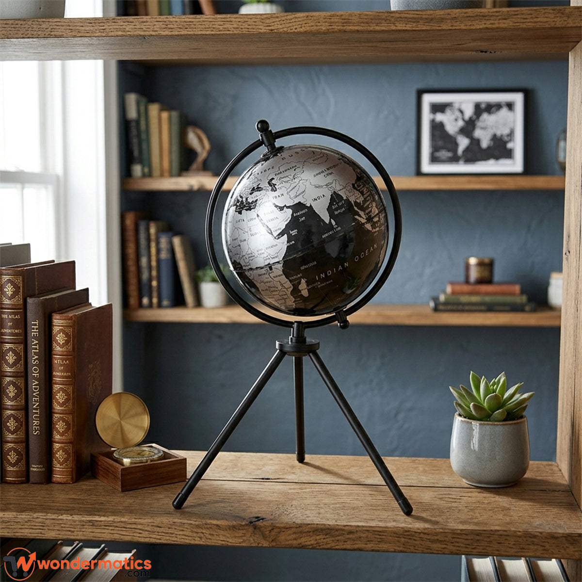 black silver rotating world globe place on the office shelf