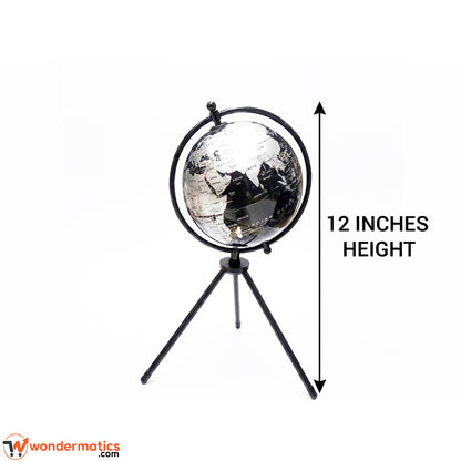 A 12-inch height globe on a black tripod stand, shown against a white background with a vertical height measurement arrow and text indicating '12 INCHES HEIGHT'.
