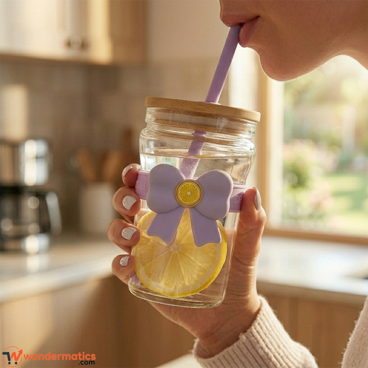 Close-up of silicone bow-knot sleeve on pastel aesthetic glass cup — Wondermatics 400ml drinkware