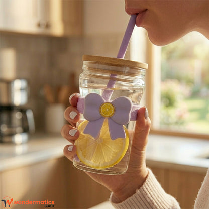 Close-up of silicone bow-knot sleeve on pastel aesthetic glass cup — Wondermatics 400ml drinkware