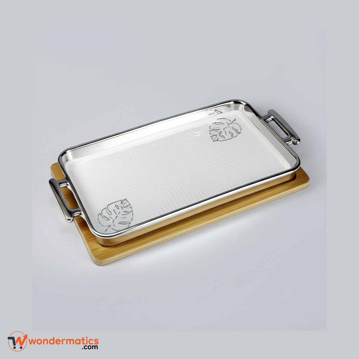 Ceramic Rectangle Serving Platter with Bamboo Base and Silver Handles for Elegant Dining and Serving