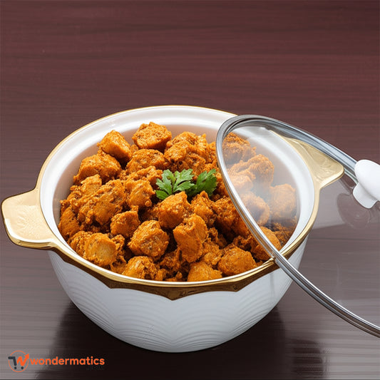 Elegant ceramic serving bowl with glass lid and golden handles for dining