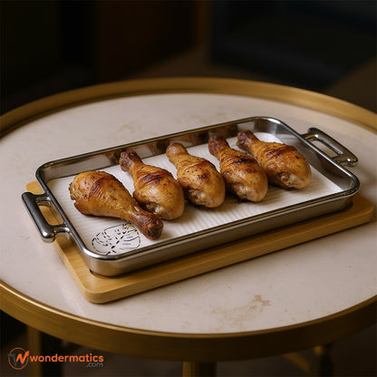 Modern Ceramic Serving Tray with Silver Handles and Wooden Bamboo Base for Snacks and Appetizers