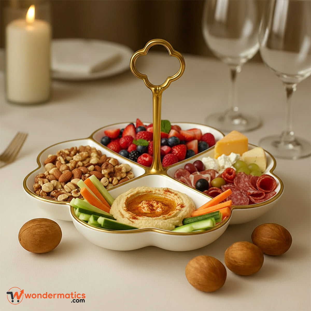 Luxury ceramic snack tray with four sections and golden rim for home and parties