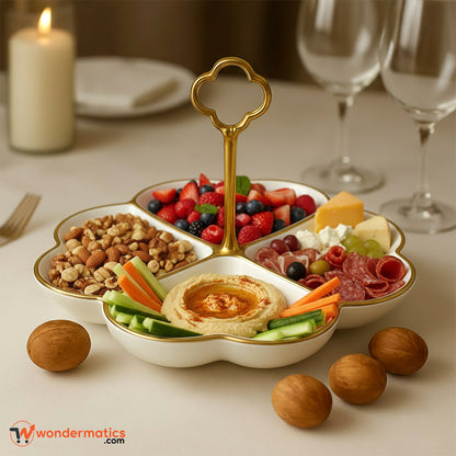 Luxury ceramic snack tray with four sections and golden rim for home and parties