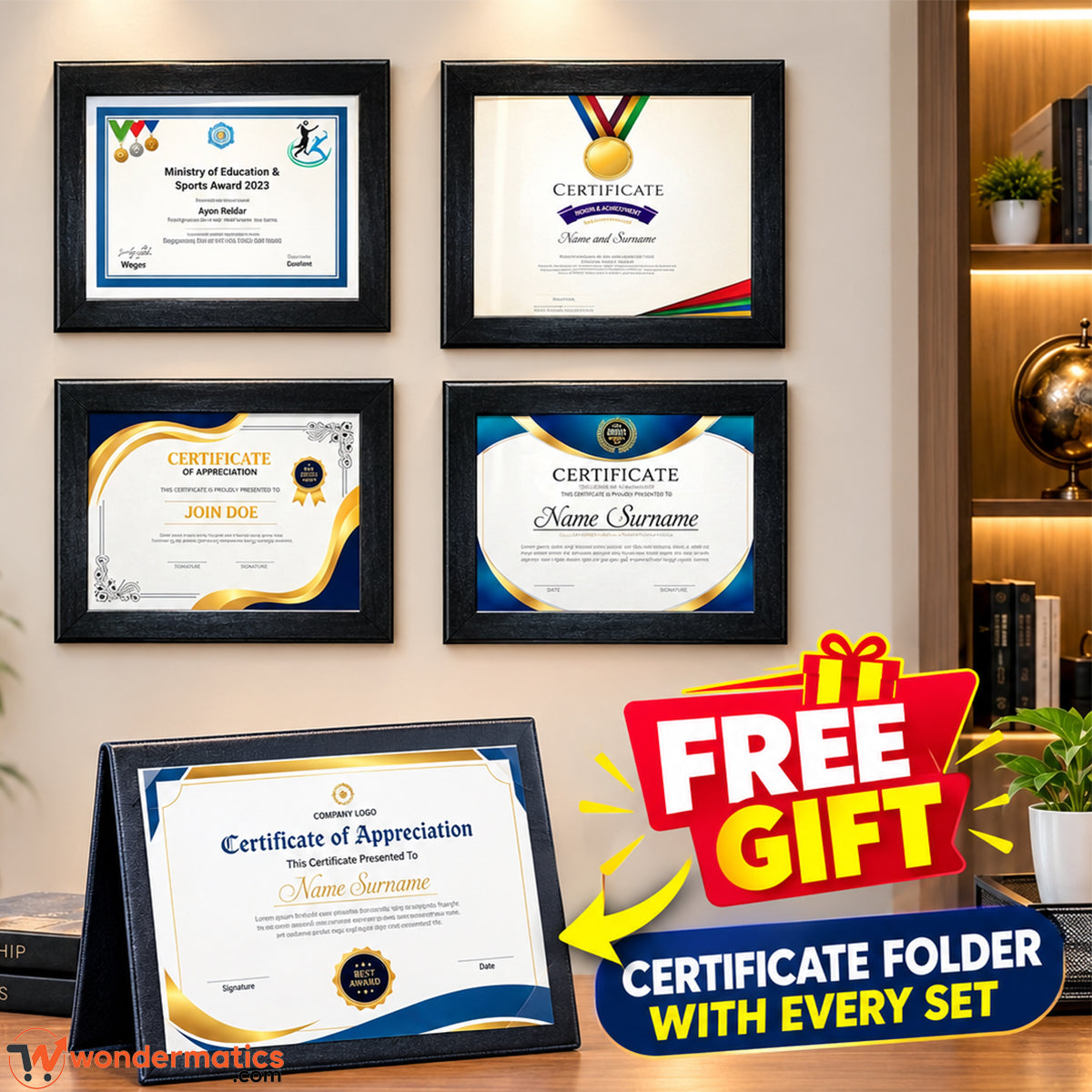 Four black certificate frames arranged on a beige wall, with one frame open on a desk below showing a certificate folder. A large red and yellow 'FREE GIFT' graphic overlays the lower right.