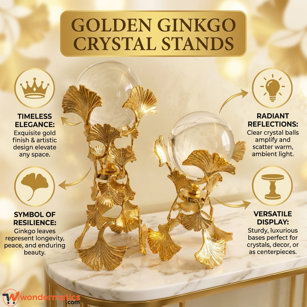 Clear crystal ball catching light on a golden ginkgo leaf metal stand