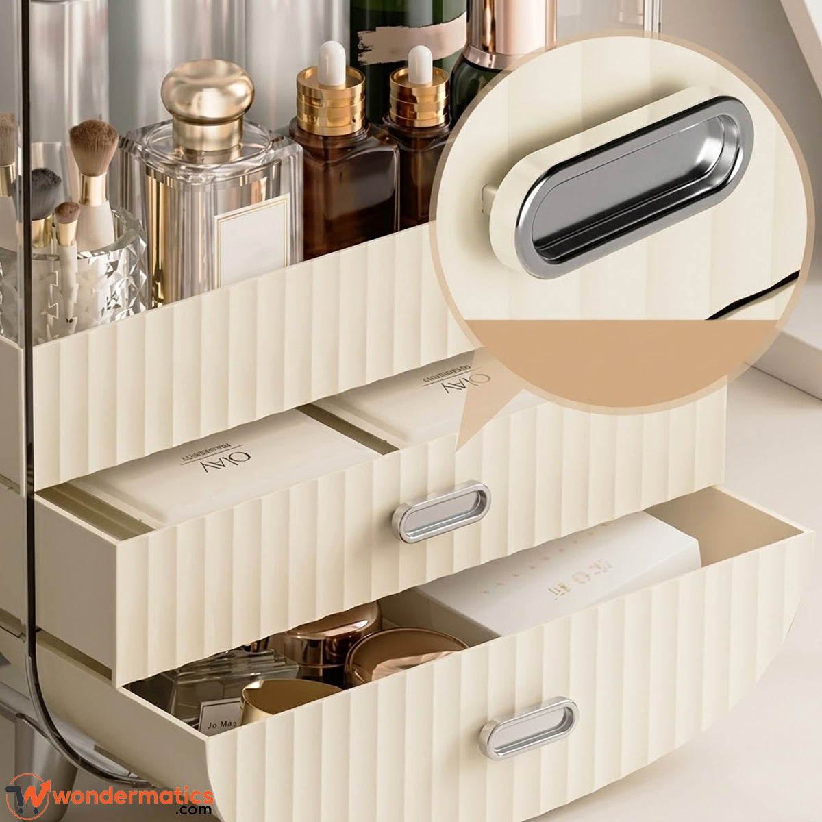 Cosmetic storage box with bottom drawers open showing storage space