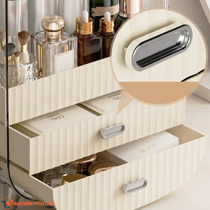 Cosmetic storage box with bottom drawers open showing storage space