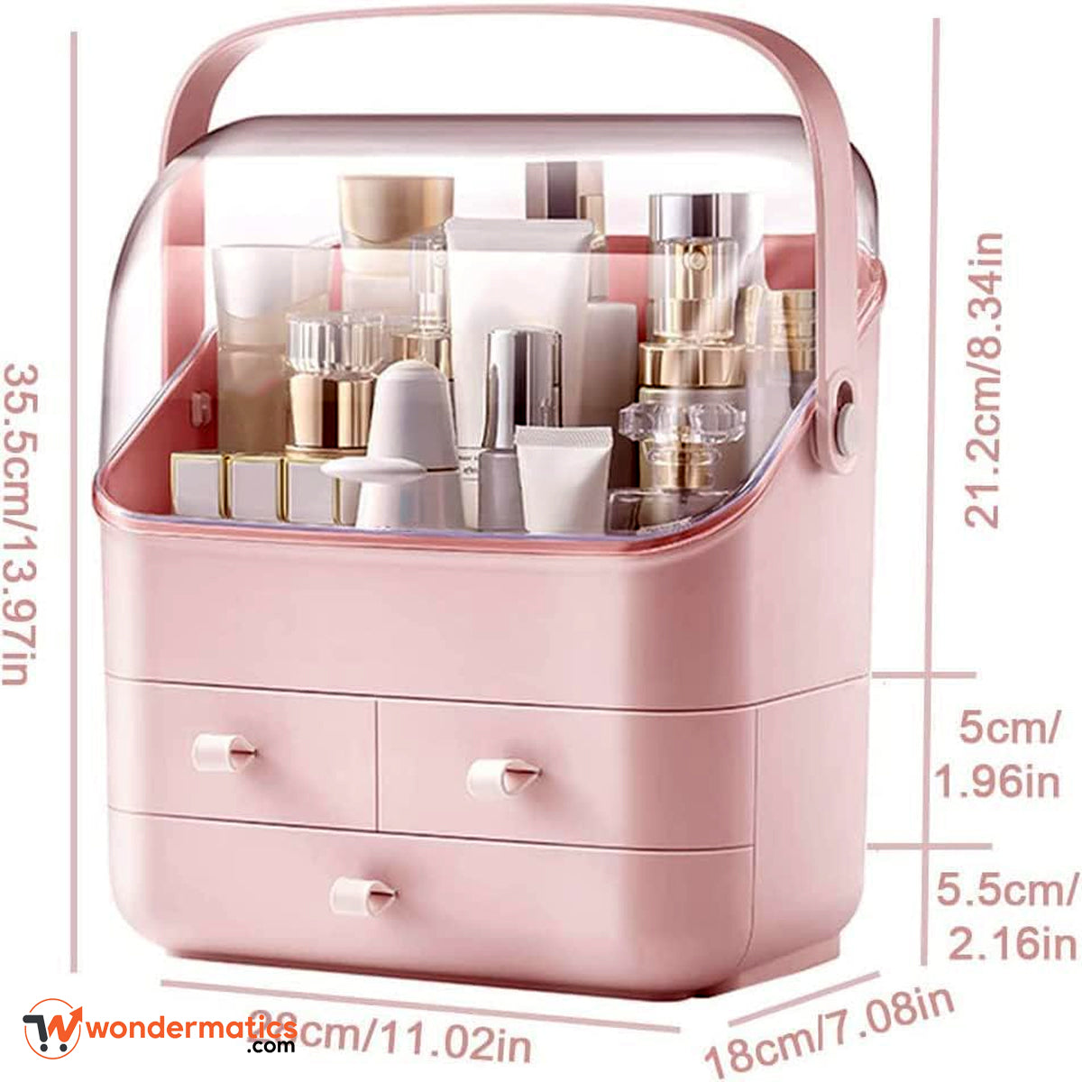 Cosmetic organizer box in pink color designed for women’s daily beauty essentials