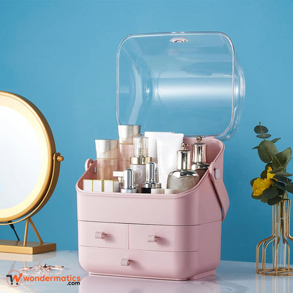 Compact cosmetic storage holder with transparent lid and drawers for beauty essentials