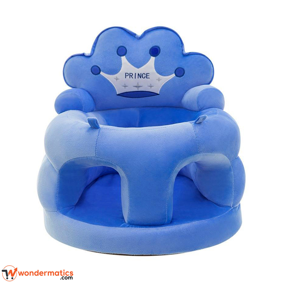 Front view of plush crown baby sofa seat for infants blue color