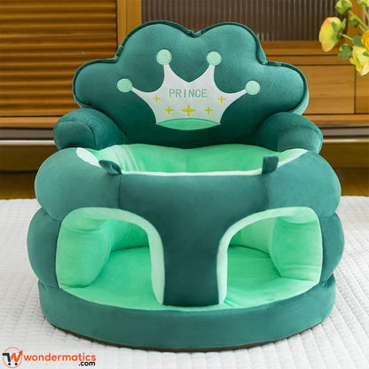 Front view of plush crown baby sofa seat for infants green color
