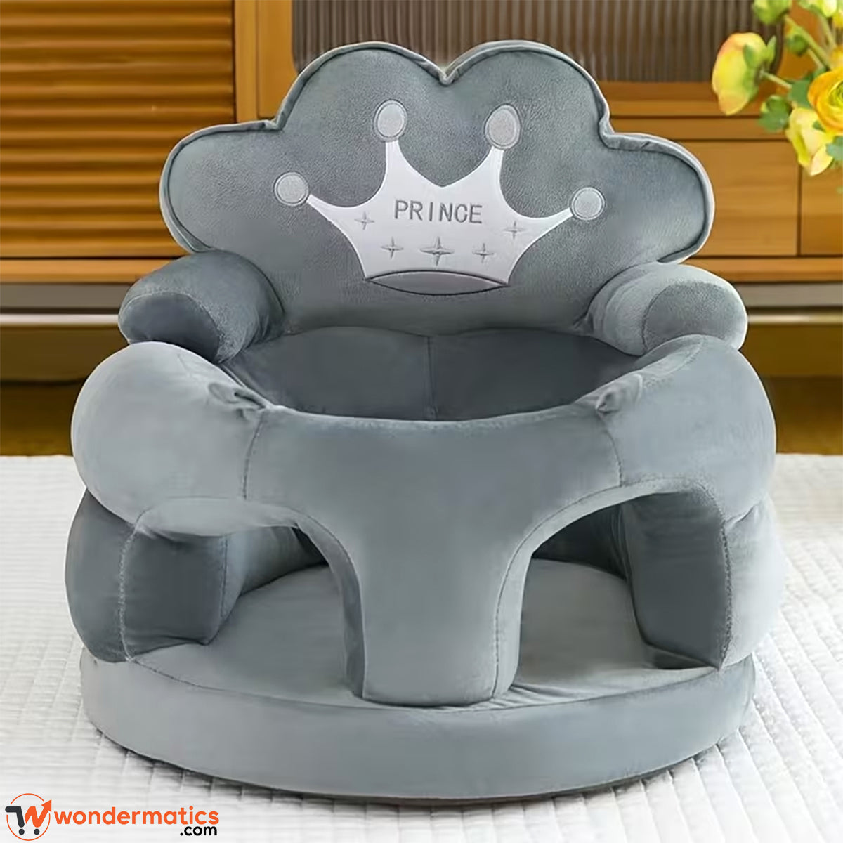 Front view of plush crown baby sofa seat for infants grey color